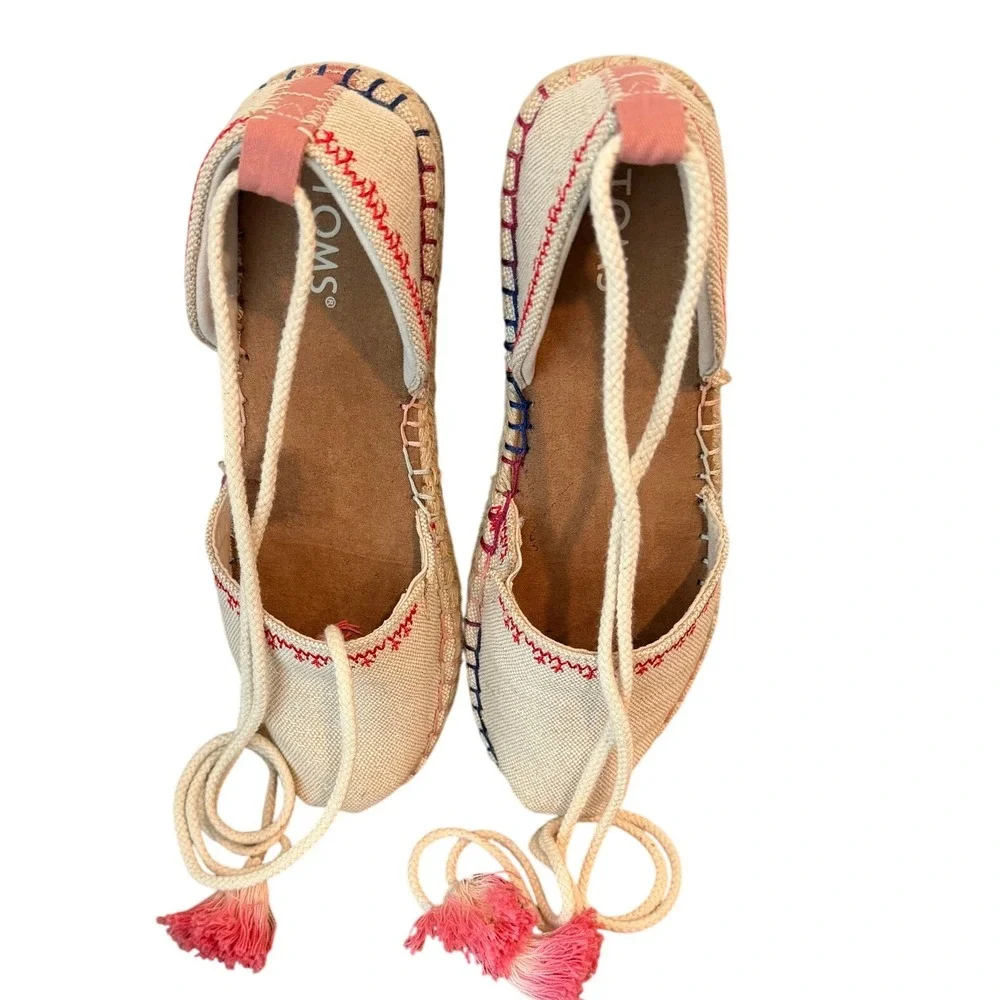TOMS Valencia Espadrille Flats Cream Canvas Ankle Tie Tassel Womens 8.5‎